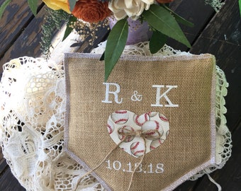 Baseball wedding-Natural Burlap-personalized-baseball-Wedding ring bearer pillow-softball ring pillow