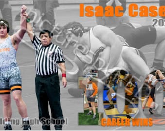 May include: A black and white photo of a wrestler in a wrestling match. The wrestler is wearing a black and white singlet and is on top of his opponent. The wrestler is being held up by a referee in a black and white striped shirt. The photo is surrounded by a black and white border with the text "Isaac Casey 2024" in orange text at the top and "100 Career Wins" in orange text at the bottom.