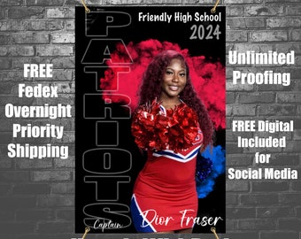 Printed Vinyl Cheer Leader  + FREE Social Media Digital Custom Sports Banner - Senior Sports Banners - Senior Night Gifts ~ Graduation ideas