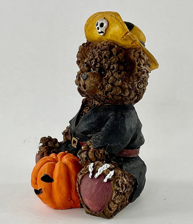 May include: A brown teddy bear wearing a black costume and a yellow pirate hat with a skull design. The bear is holding an orange jack-o'-lantern.