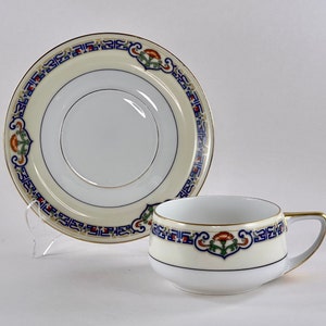 Vintage Bohemia Ceramic Teacup & Saucer: 1930s Floral Geometric