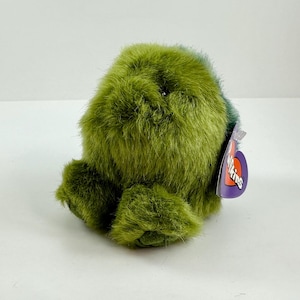 May include: Green fuzzy plush toy with a purple tag that says "Ty Beanie Babies".