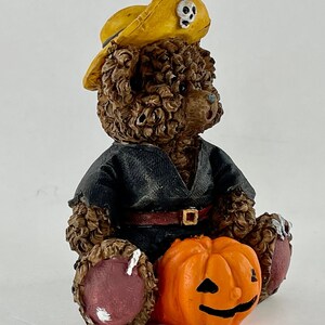 May include: A brown teddy bear wearing a black costume and a yellow pirate hat with a skull and crossbones design. The bear is sitting on a carved orange pumpkin with a jack-o'-lantern face.