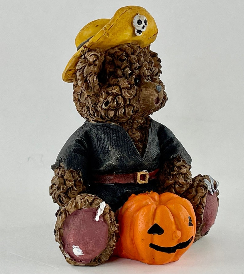 May include: A brown teddy bear wearing a black costume and a yellow pirate hat with a skull and crossbones design. The bear is sitting on a carved orange pumpkin with a jack-o'-lantern face.