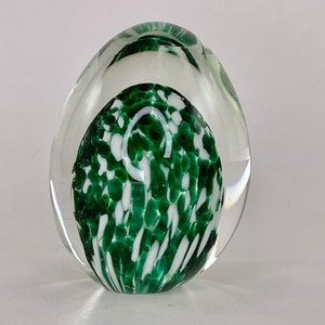 Vintage Speckled Glass Egg Paperweight: Green & White Decoration