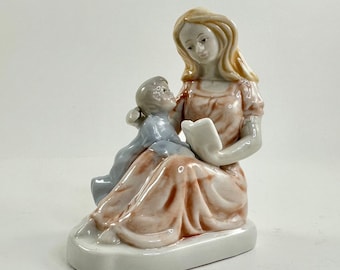 Vintage Mother Reading To Child Hand Painted Porcelain Figurine