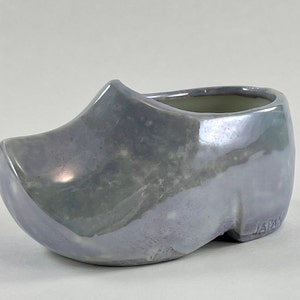 Vintage 1950s Small Blue Iridescent Ceramic Clog Shoe Planter - Free Shipping