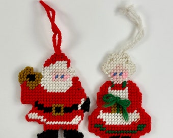 Vintage Handmade Needlepoint Santa Claus & Mrs Claus Christmas Ornaments - Free Shipping