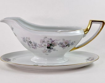 Vintage 1926 Thomas Bavaria 7 - Floral Porcelain Gravy Boat w/attached Underplate - Free Shipping