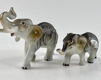 Vintage 1950s Miniature Bone China Mom & Baby Trunk Up Elephant Figurines - Free Shipping