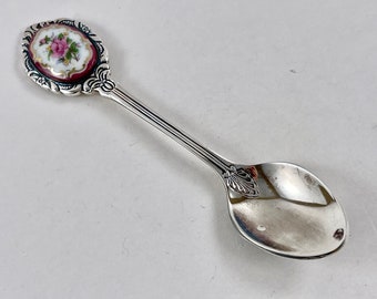 Vintage Enamel Cameo Pink Roses Silver Metal Collectible Spoon