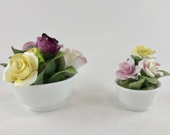 Vintage 1950s Coalport Florals - Set of 2 Bone China Miniature Roses in Round Flower Pots - Free Shipping