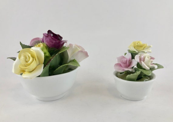 Vintage Coalport Bone China Roses: Miniature Floral Pots, Set of 2