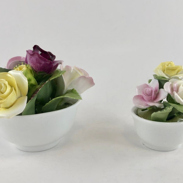 Vintage 1950s Coalport Florals - Set of 2 Bone China Miniature Roses in Round Flower Pots - Free Shipping