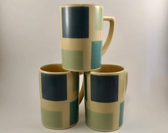 Vintage Three Solid Light Yellow with Blue & Green Checkers Mugs by Waechtersbach Ceramics