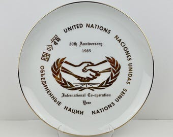 Vintage 1965 Sabin Industries -  United Nations 20th Anniversary Commemorative Round Collectible Porcelain Plate