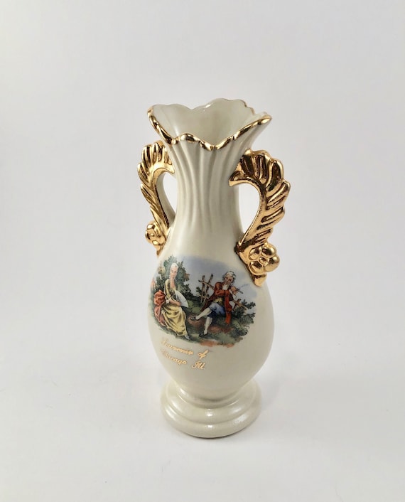 Vintage 1950's Gilded Rococo Style Souvenir Vase with Romantic Courtship Scene for Chicago, Ill