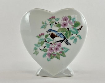 Vintage 1980s Heart Vase: Bluebird & Pink Flowers Porcelain Decor