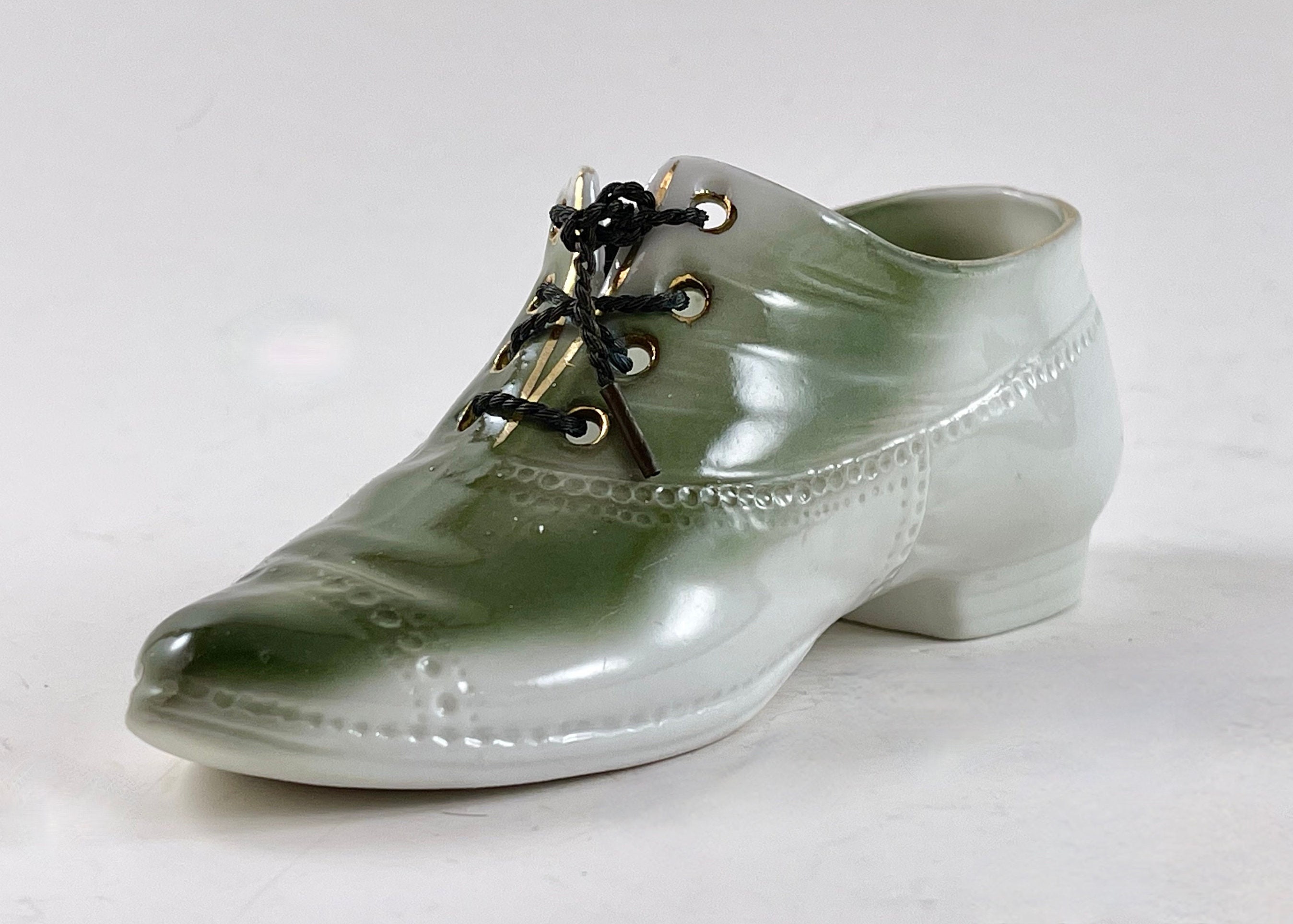 Vintage Miniature Green/White Winged Tip Man's Porcelain Shoe