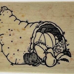 Vintage 1993 Dianne J. Hook Harvest Cornucopia Wood Mounted Rubber Stamp