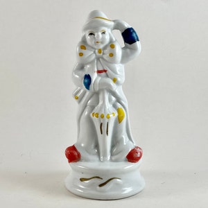 Vintage 1980s Cold Painted Porcelain Clown With Bowtie and Umbrella Figurine - Free Shipping