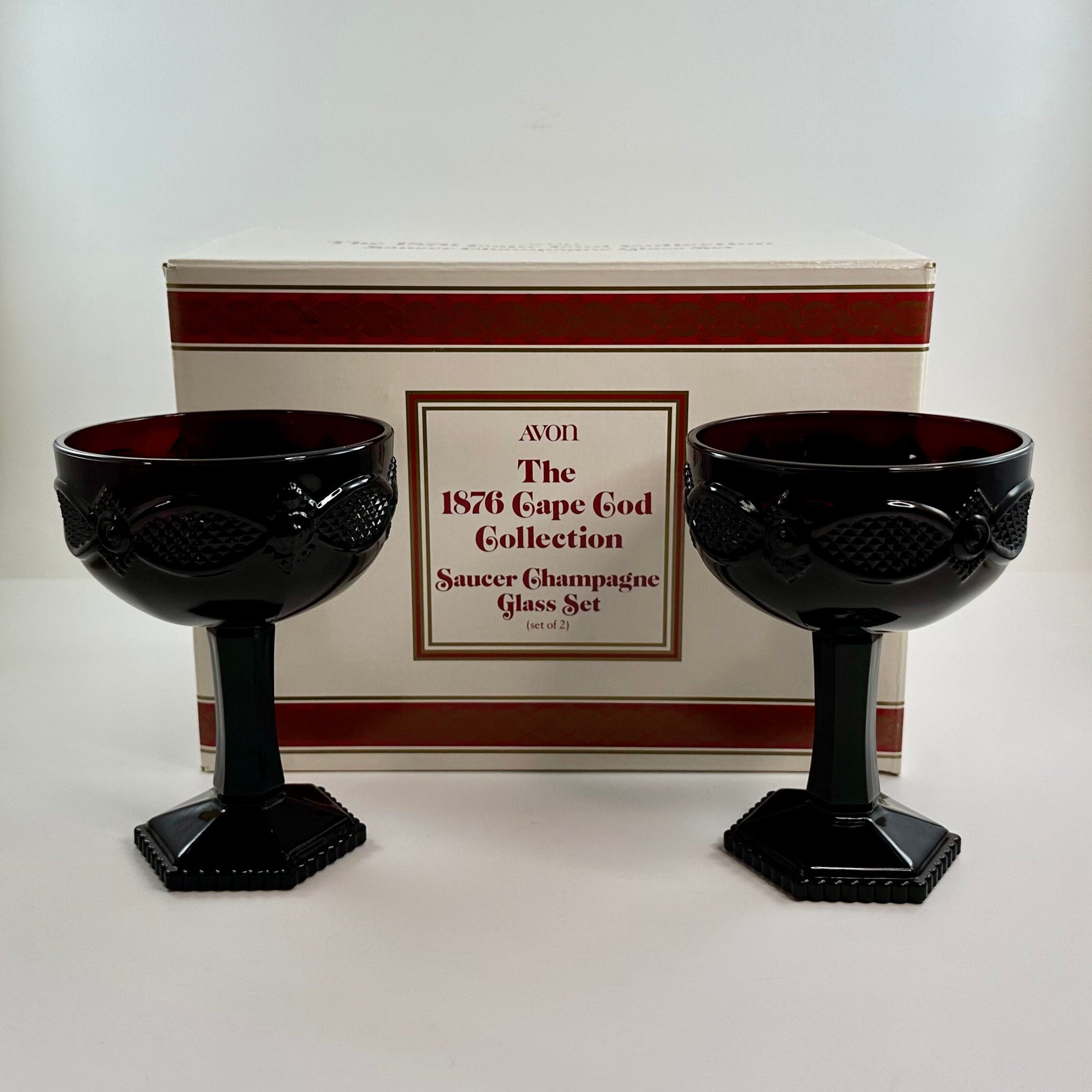Vintage 1991 Avon The 1876 Cape Cod Collection Ruby Red Saucer Champagne Glass Set