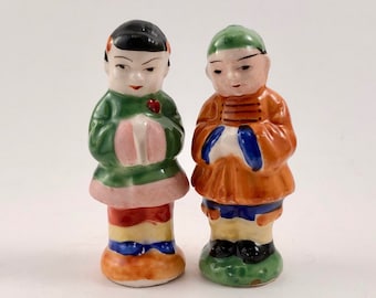 Vintage Collectible 1950s Salt & Pepper Shakers with Cork Stoppers - Chinese Couple - FREE Shipping