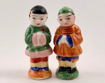 Vintage Collectible 1950s Salt & Pepper Shakers with Cork Stoppers - Chinese Couple