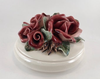 Vintage Capodimonte Style Candy Bowl: Pink Rose Bouquet Lid