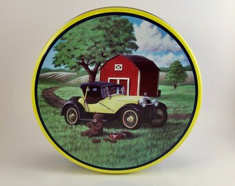 Vintage 1990s Cookie Tin: Countryside Barn Scene with Antique Car