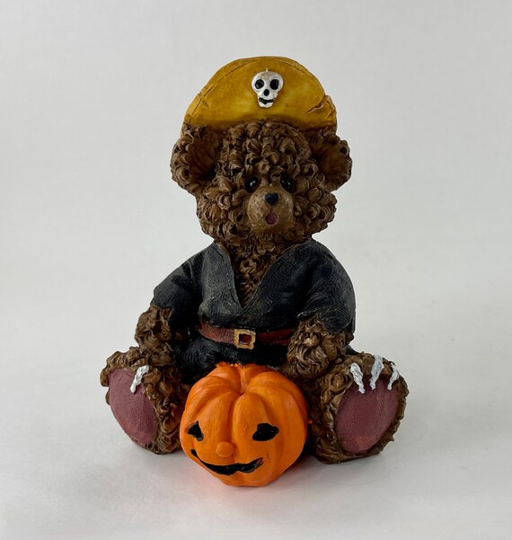 Vintage 1990s Resin Halloween Pirate Bear with a Pumpkin Figurine