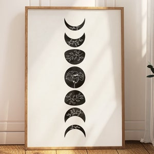 Moon Phase Wall Art, Celestial Poster, Lunar Phases Wall Decor, Monochrome Flower Print, Neutral Boho Artwork, Modern Geometric Room Decor