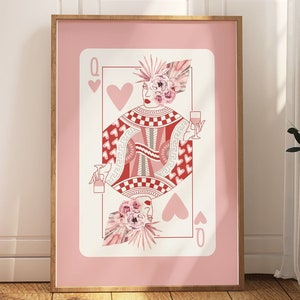Rosa Herzkönigin Druck, Trendy Spielkarte Poster, Kopf Der Blumen Kunst, Funky Retro Wandkunst, druckbares Blush Rosa Preppy Zimmer Dekor