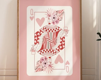Pink Queen Of Hearts Print, Trendy Playing Card Poster, Funky Retro Wall Art