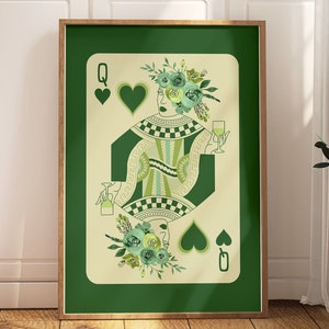 Art de la reine de coeur, art mural vert rétro, carte à jouer, décoration murale maximaliste, art floral, décoration d'intérieur originale, décoration de chambre preppy