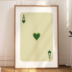 Ace Of Hearts Poster, Green Retro Wall Art, Printable Playing Card Artwork, Trendy Ace Card Print, Bar Cart Wall Decor, Digital Download Art