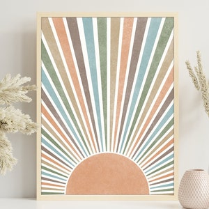 Boho Sunburst Wall Art, Abstract Sun Poster, Colorful Geometric Sun Print, Retro Sunrise Wall Decor, Printable Sunshine Bohemian Artwork