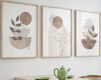 Neutral Boho Wall Art Set of 3, Mid Century Modern Floral Print, Scandinavian Poster