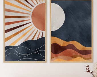 Sun And Moon Print Set of 2, Boho Wall Set, Printable Abstract Diptych Wall Art, Mid Century Modern Sunset Poster, Bohemian Gallery Artwork