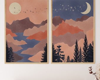 Boho Sun And Moon Print Set of 2, Diptych Wall Art, Terracotta Wall Decor