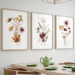 Watercolor Wildflowers Print Set of 3, Neutral Botanical Printable Wall Art, Dried Flower Boho Set of 3, Minimalist Floral Gallery Wall Set