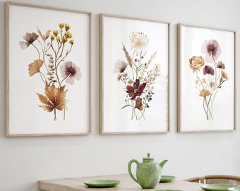 Watercolor Wildflowers Print Set of 3, Neutral Botanical Printable Wall Art, Dried Flower Boho Set of 3, Minimalist Floral Gallery Wall Set