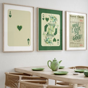 Set di 3 stampe da parete retrò, stampe estetiche alla moda, stampe della Regina di Cuori, poster di carte da gioco Asso, stampe di controllo ospiti, set di stampe funky verdi