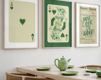 Retro Wall Art Set of 3, Playing Card Poster, Guest Check Artwork, Green Print