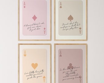 Ace Print Set of 4, Retro Gallery Wall Set, Inspirational Quotes Wall Art, Playing Card Poster, Trendy Wall Decor, Digital Ace Card Artwork
