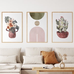 Boho Botanischer Druck Set von 3, Terrakotta Wand Kunst Set von 3, Aquarell Blumen Malerei, Florale Triptychon Kunstwerk, moderne Galeriewand Set