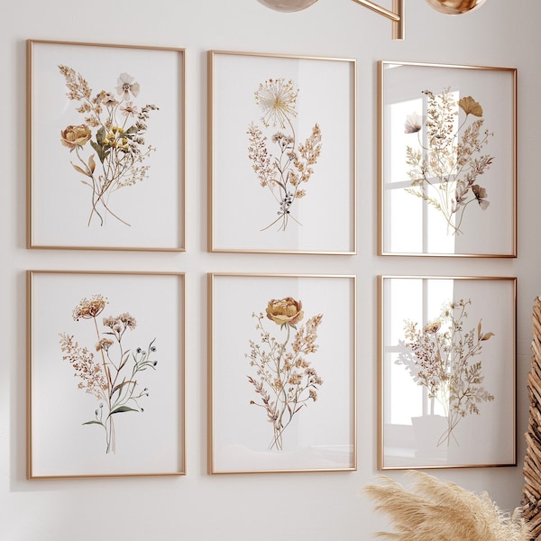 Wildflowers Print Set of 6, Watercolor Flower Gallery Wall Set, Boho Botanical 6 Piece Wall Art, Neutral Floral Poster, Minimalist Bouquet