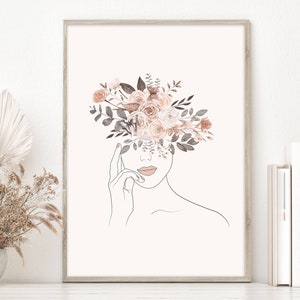 Arte de linha feminina, desenho de cabeça de flor feminina, arte de parede com rosto de menina boho para impressão, arte de esboço floral feminino, pôster minimalista