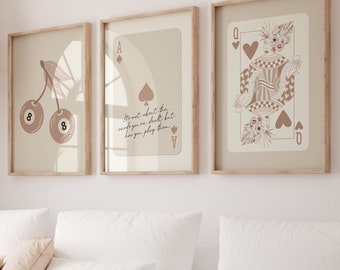 Retro Wall Art Set of 3, Beige Ace of Spades Poster, Digital Queen of Hearts Print, Printable 8 Ball Cherry Artwork, Trendy Gallery Wall Set