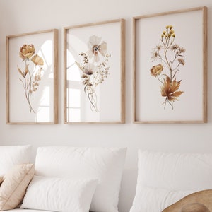Conjunto de 3 artes de parede com flores silvestres, conjunto de galeria de flores secas em aquarela, impressão botânica tríptica, pôster de buquê neutro, arte para impressão
